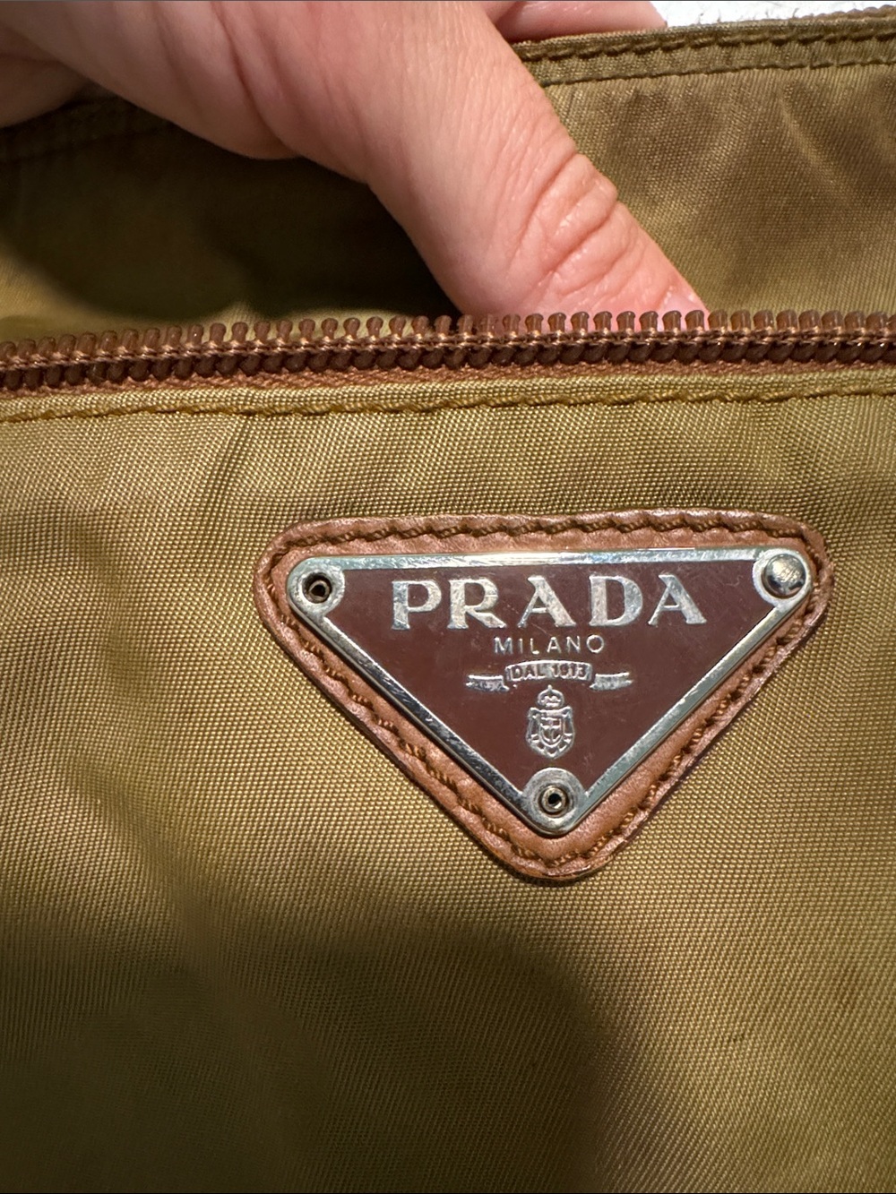 Prada Olive-Toned Nylon Messenger Bag with Brown Trim - Picture 4 of 7